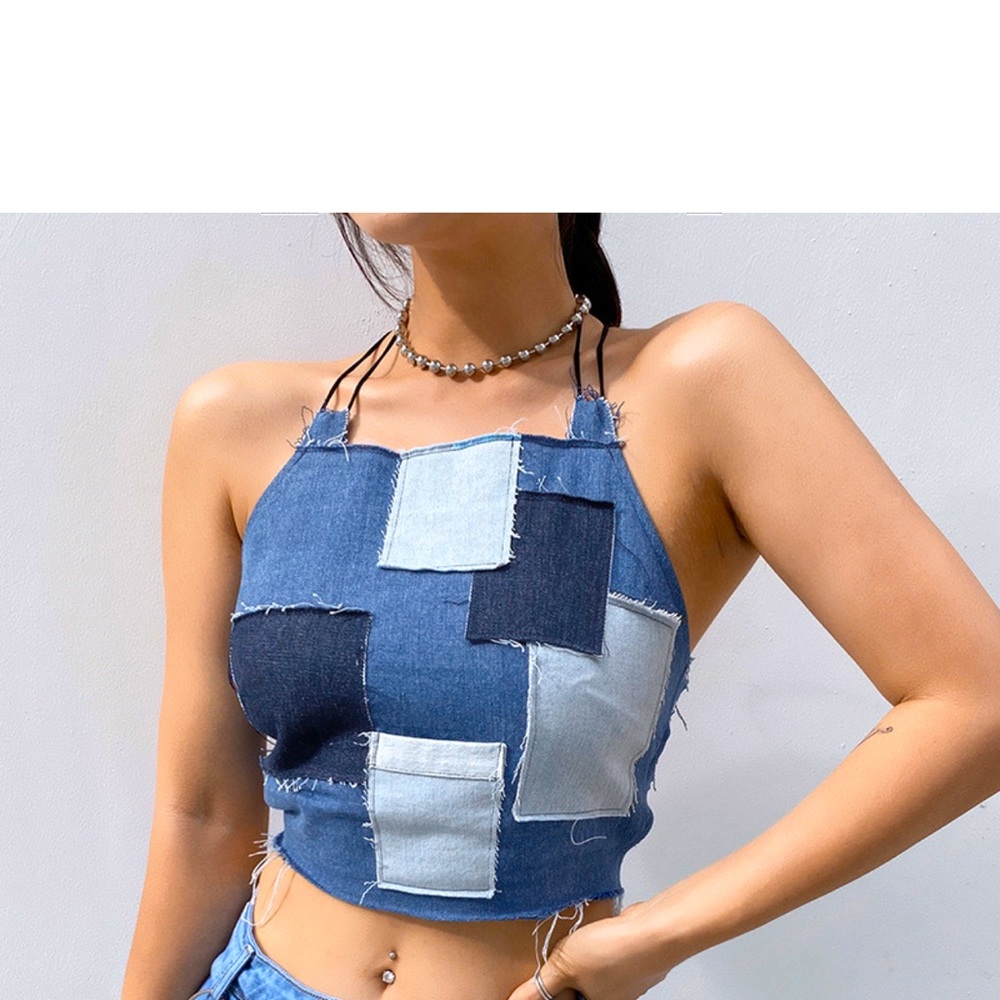 Denim patched crop tops